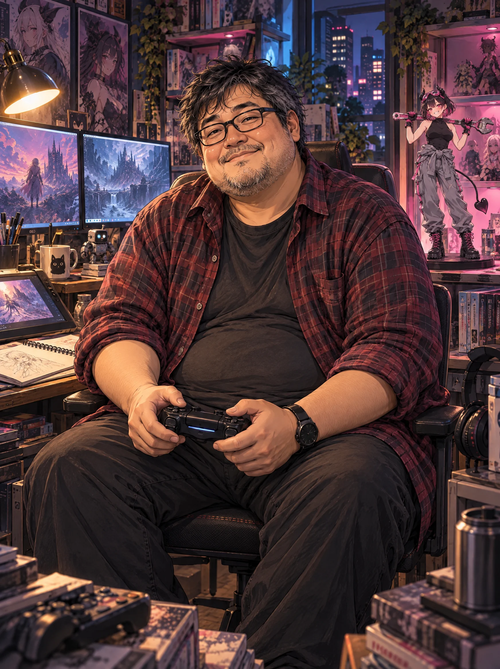 リリムのフィギュアとゲームコレクションに囲まれ、コントローラーを手に笑うゲンP