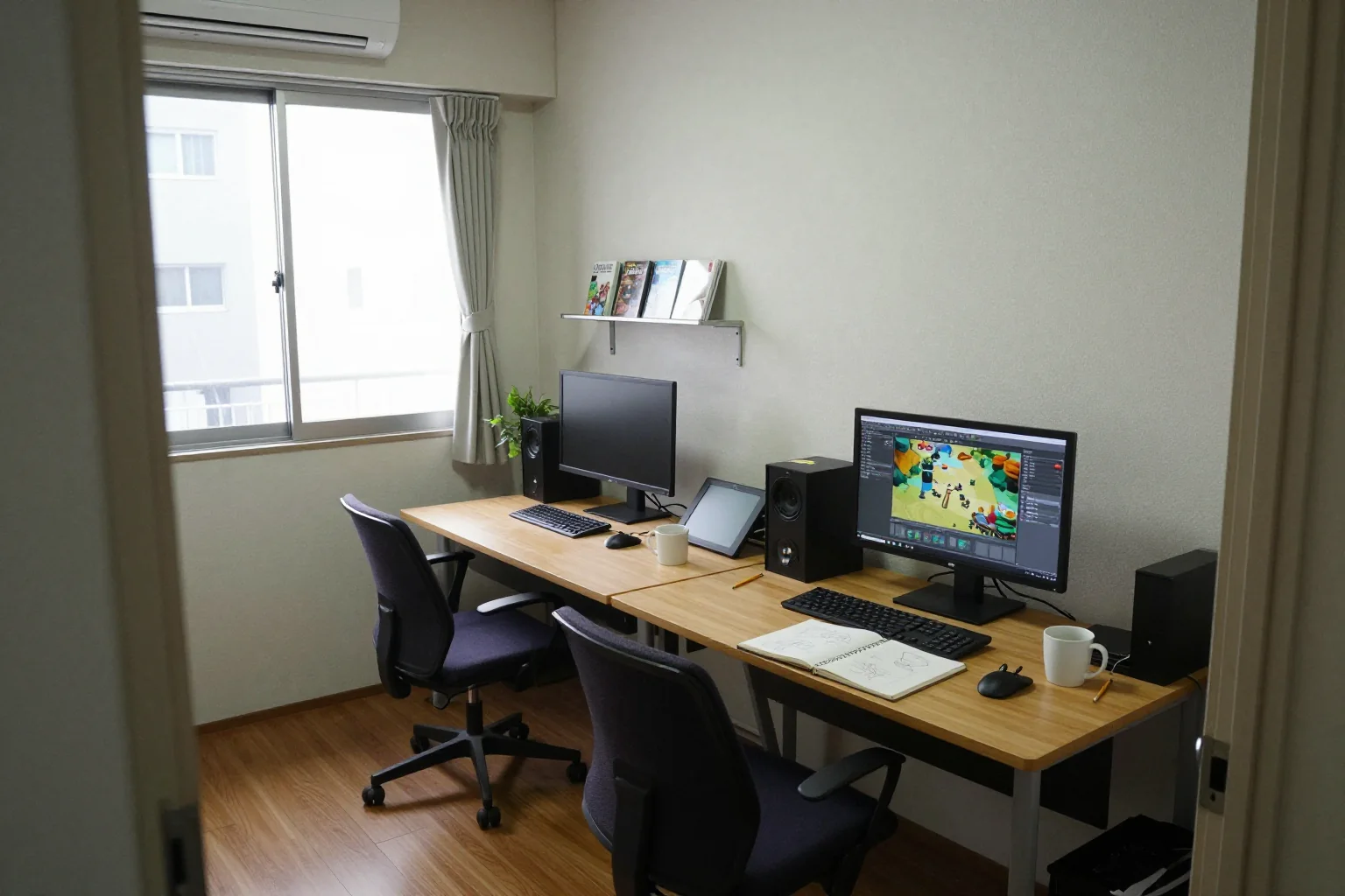 窓から柔らかな光が入る、机と制作道具のある小さな作業部屋